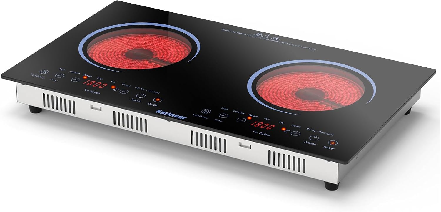 Karinear 2 Burners Electric Cooktop 24 Inch, 110v~120v Countertop and Built-in Elecric Stove Top, Portable Electric Radiant with Outlet Plug, Sensor Touch, Child Safety Lock, Timer(Blue)