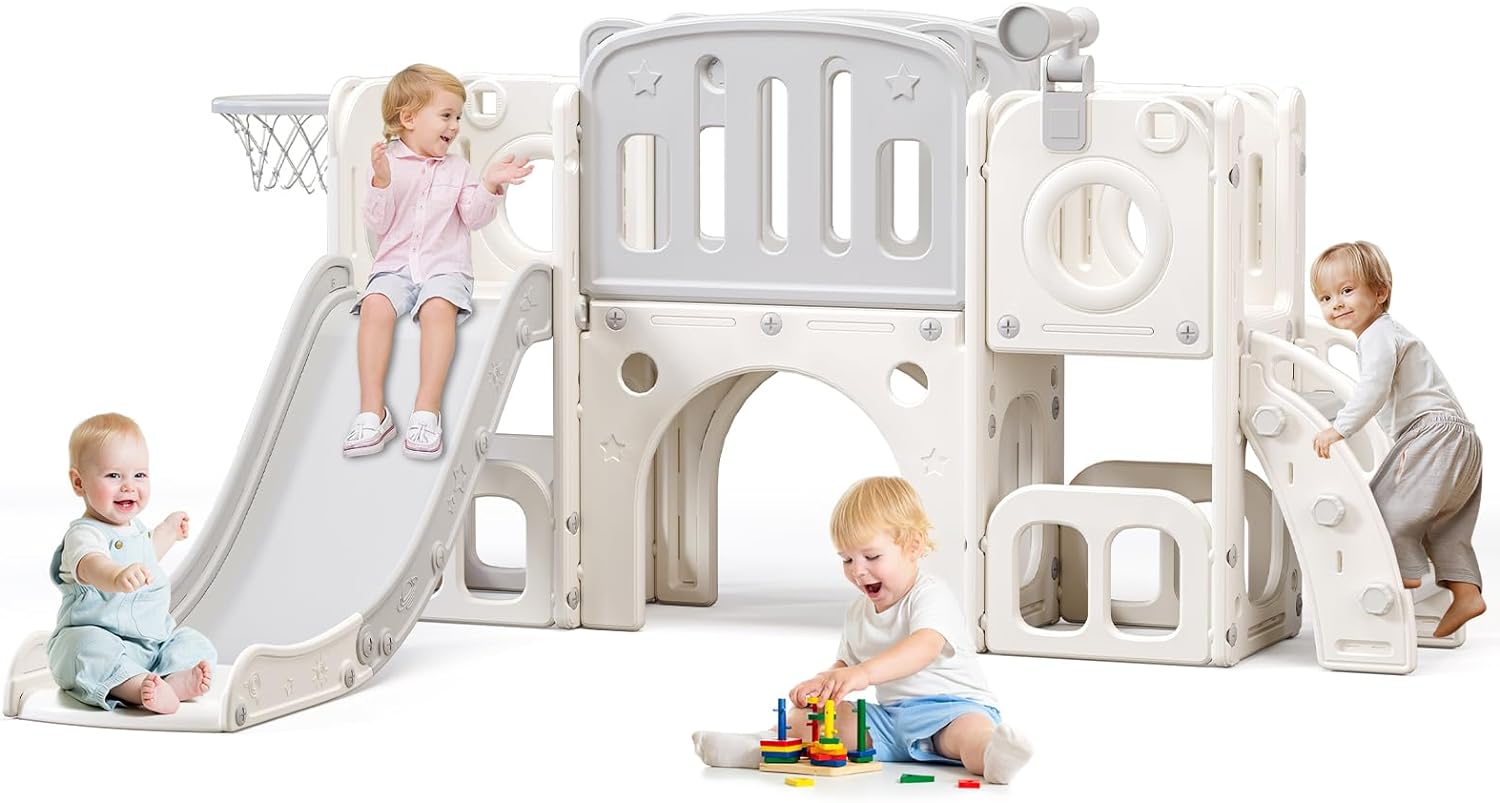 YUYUE 8 in 1 Toddler Slide,Kids Climber Slide with Storage Space and Non-Slip Steps,Indoor Outdoor Playset with Basketball Hoopa and Telescope,Slide for Toddlers 3+