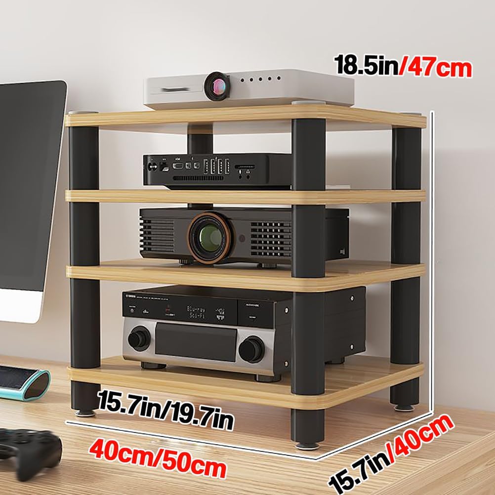 Desktop Video Audio Rack AV Media Stand with Wooden Shelf, Open Stereo Cabinet Corner Component Cabinet, Portable Media Storage Cabinet for Computer Desk,Black,4 Tier W 19.7″