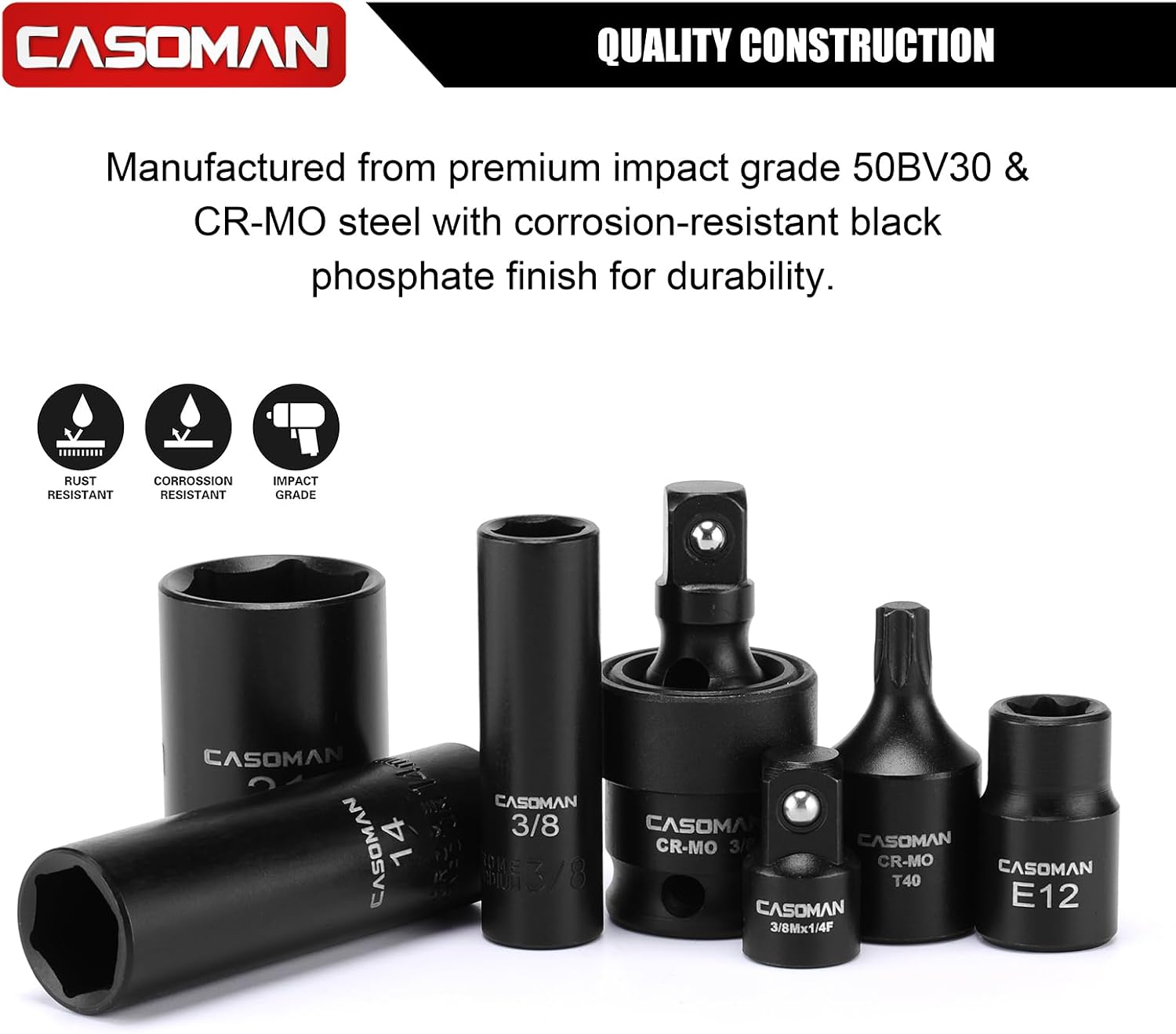 CASOMAN 153-Piece 1/4' & 3/8' & 1/2' Drive Master Impact Socket Set with Case, Professional Standard and Deep Socket Tool Set, 6 Point, SAE and Metric Sizes