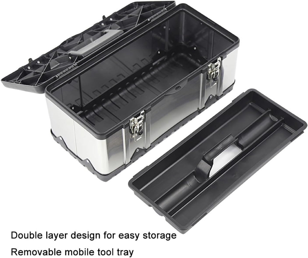 Tool Box Toolbox Thick Stainless Steel Toolbox Storage Box Metal Latch Tool Storage and Removable Tray Non-Slip Handle (4 Sizes) Tool Storage(Silver,Large)