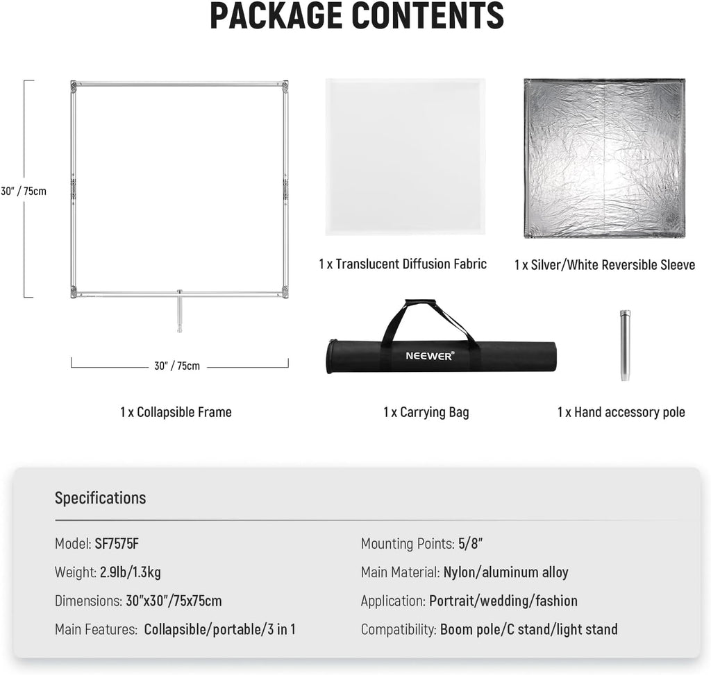 NEEWER Light Diffusion Panel Scrim Kit with Silver/White Reflector Film 30'x30' Foldable Frame with 5/8' Baby Pins Handle for C Stand 3 in 1 Diffuser for Studio Portrait Product Photography, SF7575F
