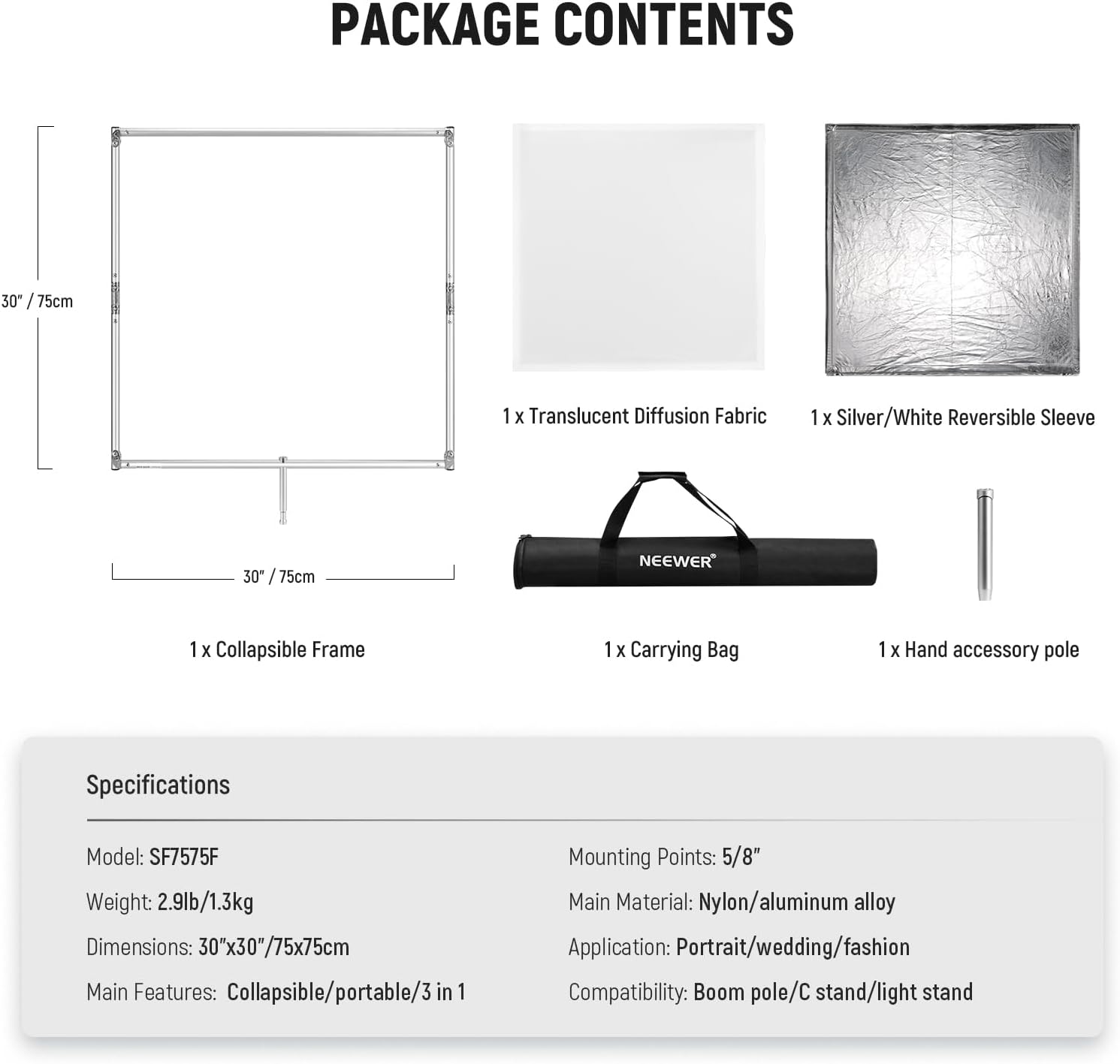 NEEWER Light Diffusion Panel Scrim Kit with Silver/White Reflector Film 30'x30' Foldable Frame with 5/8' Baby Pins Handle for C Stand 3 in 1 Diffuser for Studio Portrait Product Photography, SF7575F