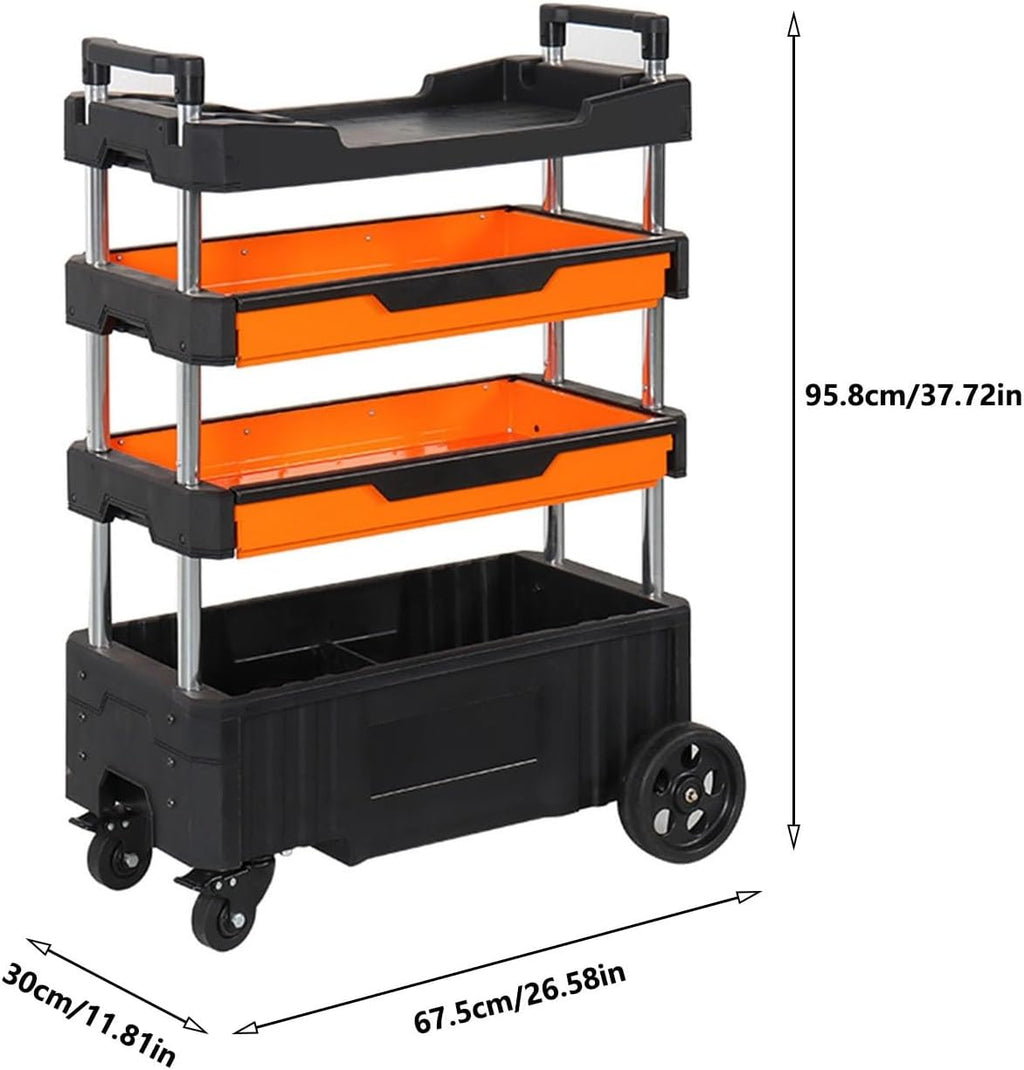 Toolbox Folding Service Cart, Heavy Duty 4-Shelf Rolling Tool Cart, Emovable Tool Trolley for Warehouse Storage, Garage, Cleaning Tool Box