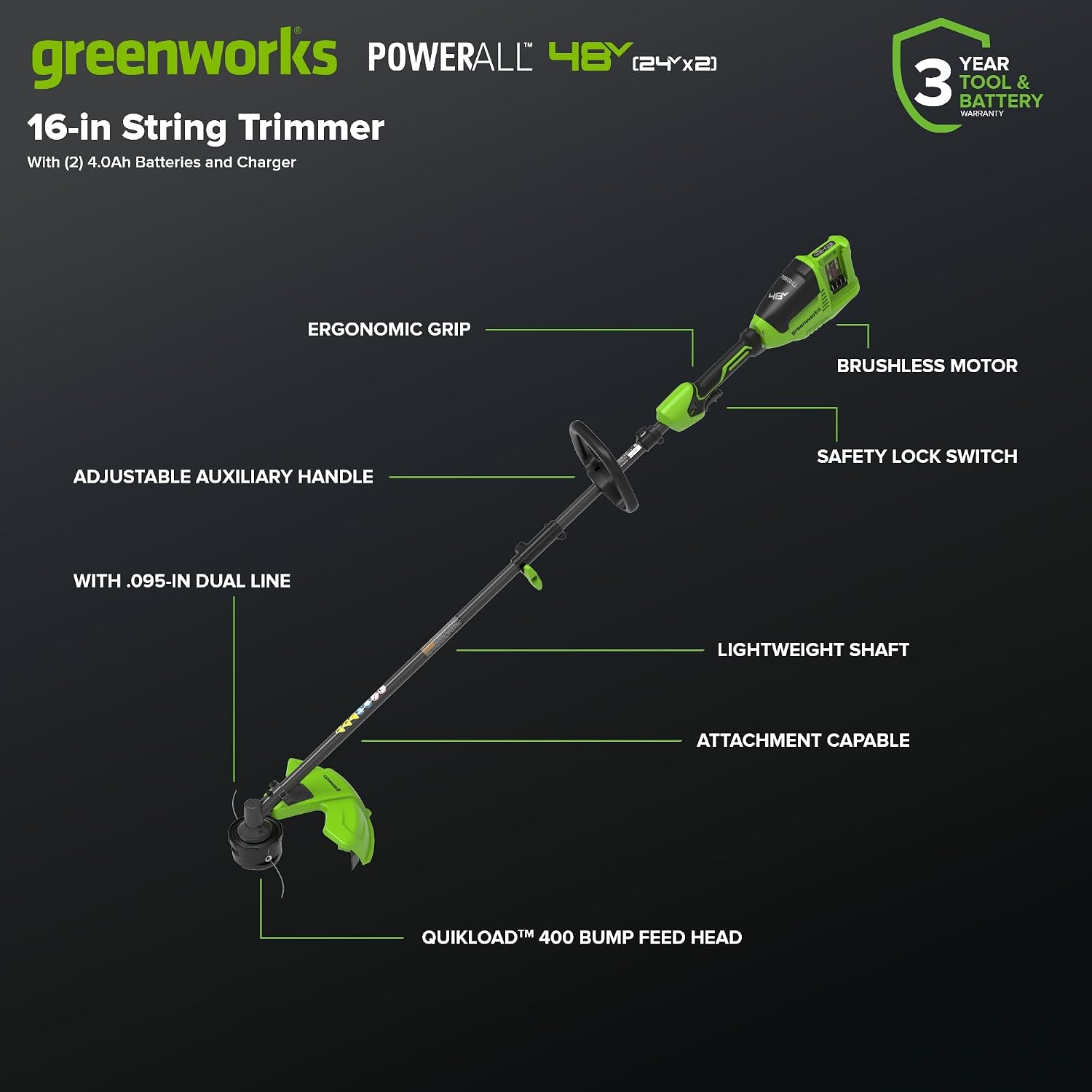 Greenworks 48V (24V x 2) 16' Brushless String Trimmer, 0.095' Dual Line, Quick Load, Bump Feed, (2) 4.0Ah Batteries, 100W Type-C Charger, Attachment Capable, 3-Year Warranty