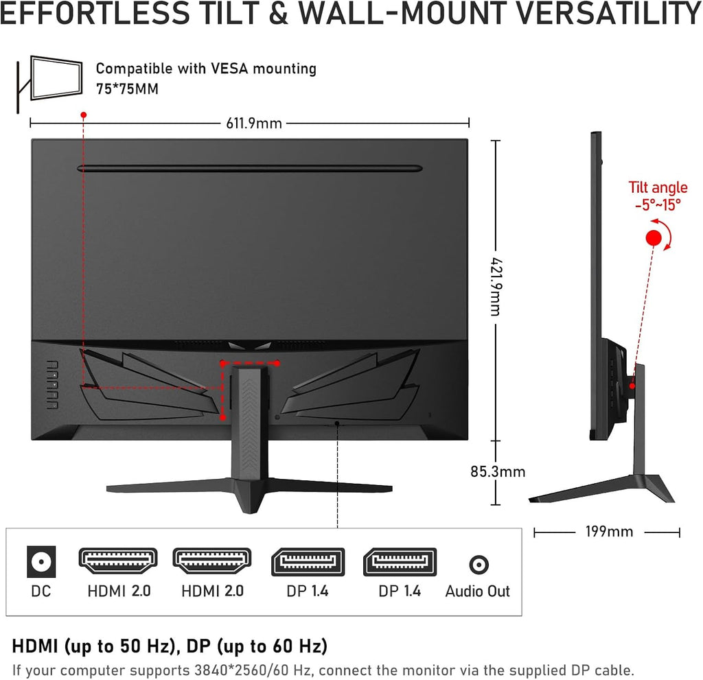 Gawfolk 28 Inch 4K Monitor IPS 60Hz, UHD (3840x2560p) PC Screen Built-in Speakers, Ultra HD Computer Display for Home & Office, 3:2, HDMI, DP, Support Wall Mount Compatible