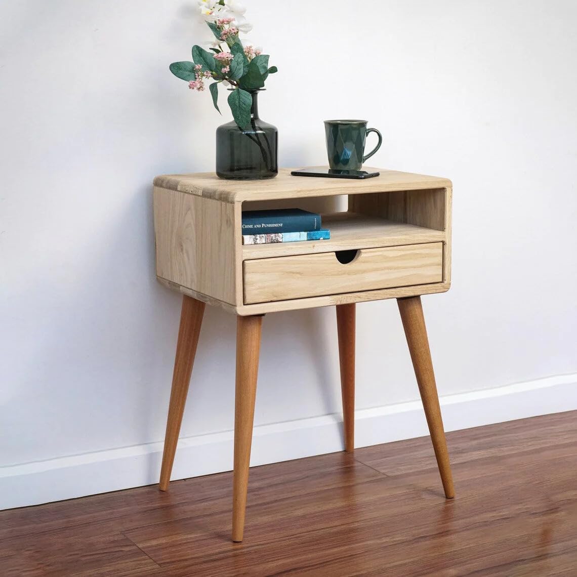 Ultimate Premium Products Mid Century Nightstand with Drawer Solid Oak Bedside Table with Shelf Nightstand Organizer Unique Style Handmade Bedroom Furniture - Oak
