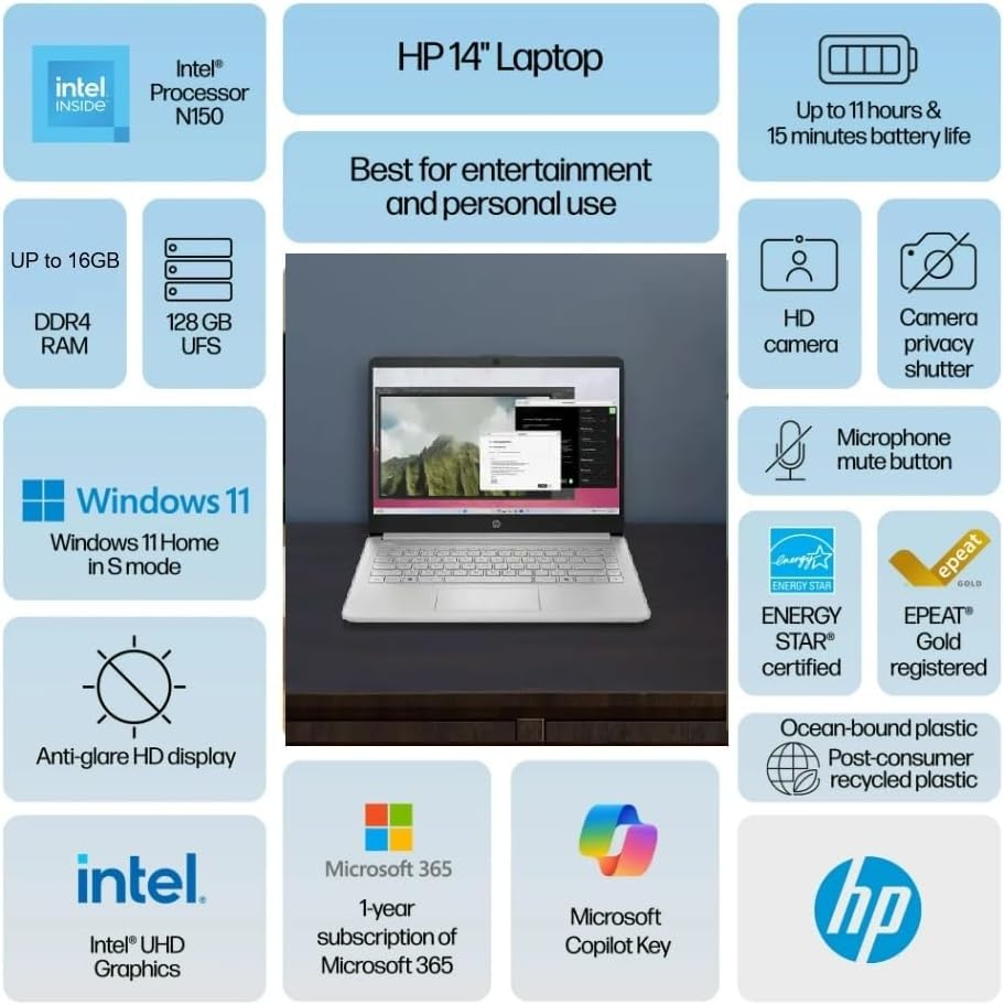 HP 2025 Student Business Laptop, Intel Processor N150(up to 3.6 GHz), 16G RAM, 128GB Storange, 14 Inch LED Screen,1 Year Office 365, Windows 11 Home,Silver,w/BTP Accessories