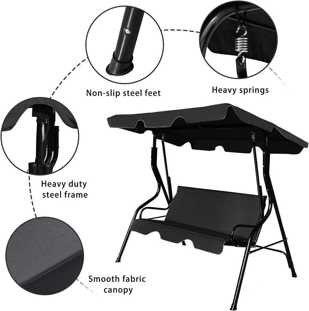 3-Seater Canopy Swing Chair, Waterproof Outdoor Swing Cushioned Seat with Adjustable & Removable Canopy, Steel Frame Polyester Fabric Oxford Cloth Patio Hammock Cover Top (Black)
