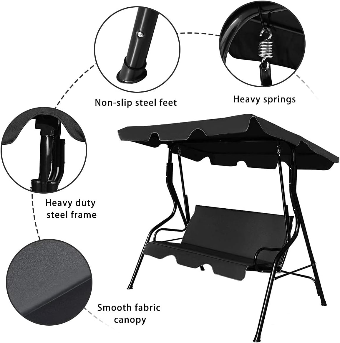 3-Seater Canopy Swing Chair, Waterproof Outdoor Swing Cushioned Seat with Adjustable & Removable Canopy, Steel Frame Polyester Fabric Oxford Cloth Patio Hammock Cover Top (Black)