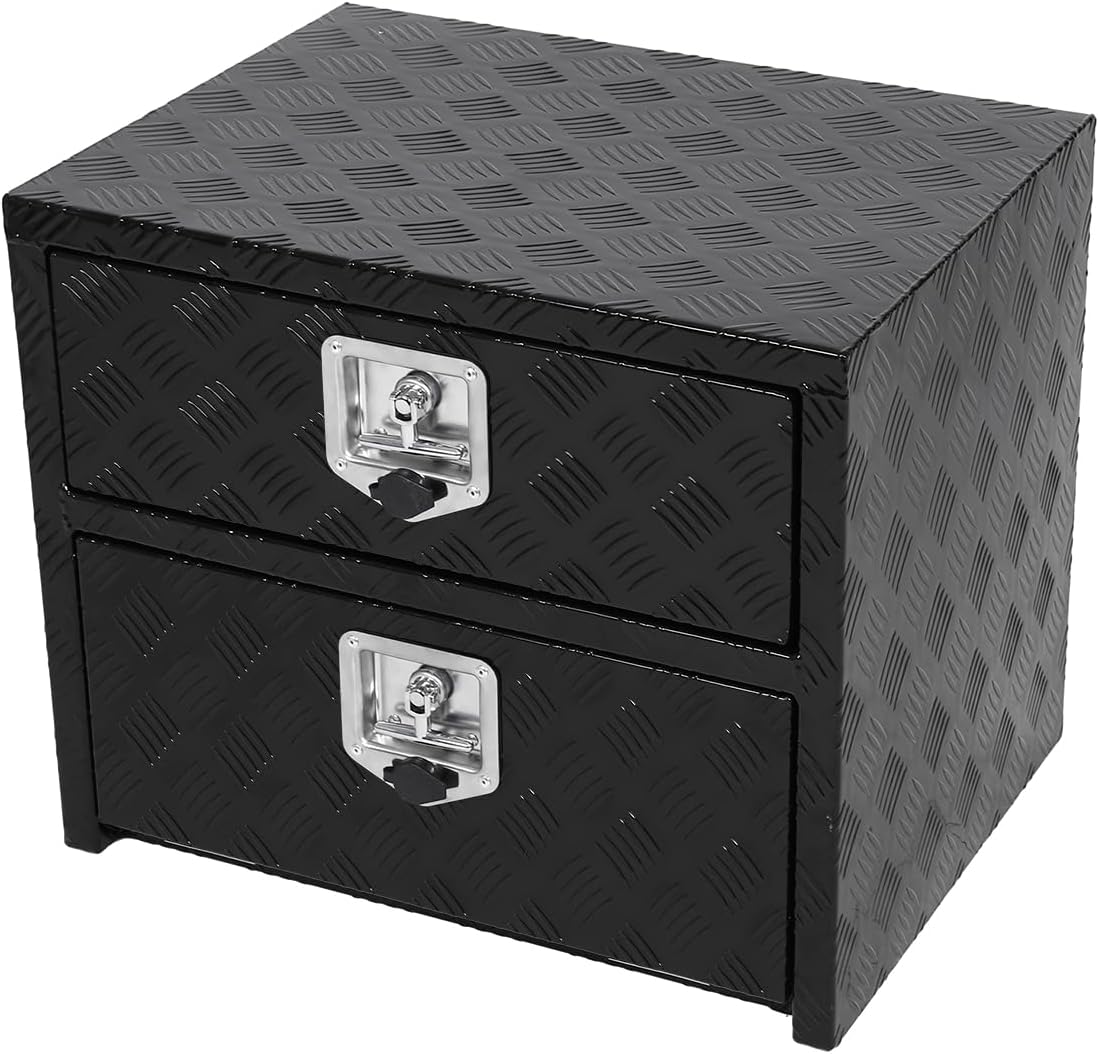 Aluminum Truck Tool Box w/Drawer,5 Bar Tread Truck Storage box w/Lock For Organization,Multifunction Black 24'x20'x18' Truck Toolboxes, For Truck,Trailer,RVs,Toolroom,Garage.