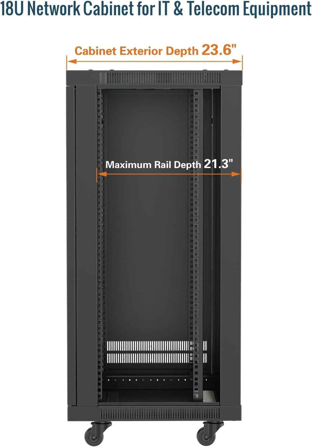 Tecmojo 18U Wall Mount Rack,18U Rack 23.6 Inch Depth,Hold Up to 176 Lbs,Server Rack with Casters,Enclosed Network Cabinet for 19 Inch Network,Server and AV Gear,Glass Door(Elite Collection)
