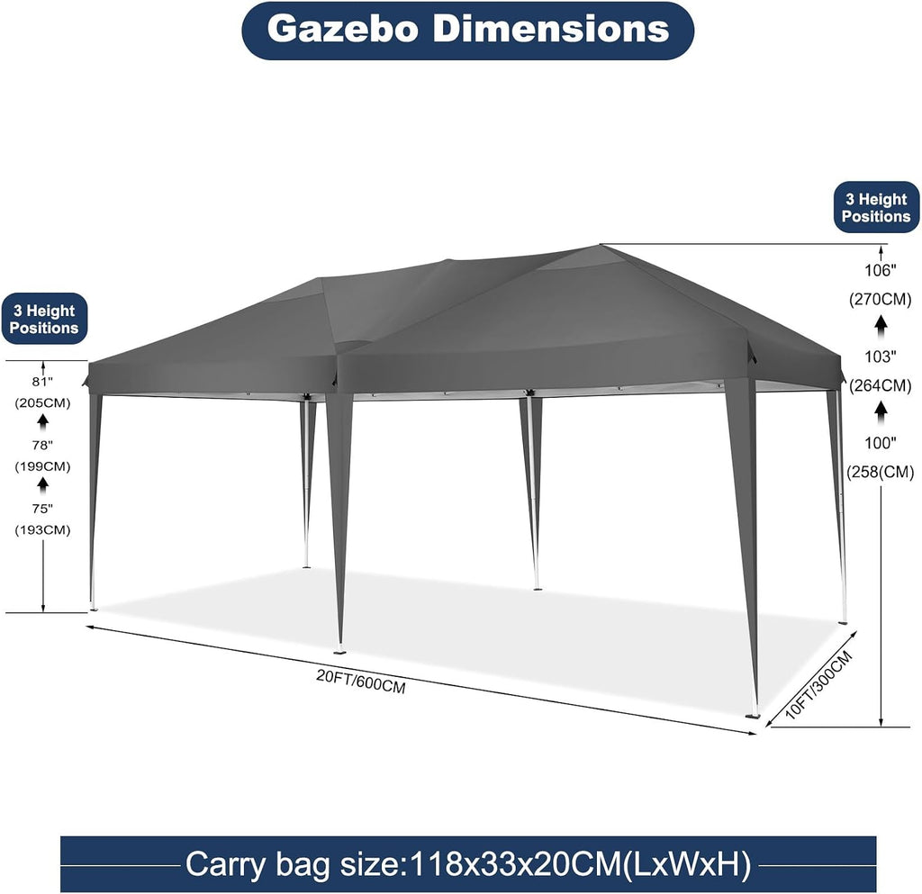 COBIZI 10x20 Pop Up Canopy Tent Party Tents for Parties Weddings Backyard Waterproof Outdoor Commercial Instant Canopy Event Tent with Stakes, Ropes,Sandbags, Gray