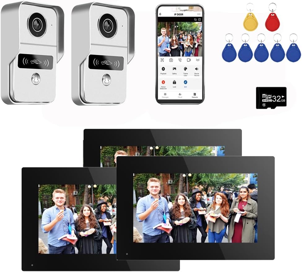 Wired Video Doorbell Apartment Intercom with 7 inch Touch Monitor System,1080P Doorphone Door Camera,TUYA WiFi Smart Home Video Intercom Door Phone Kits for Home Villa (2 doorbell+3 Monitor)