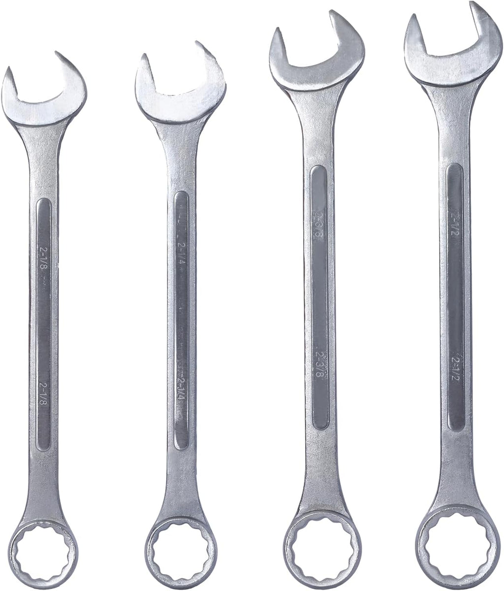 4PC Jumbo Combination Wrench Set, SAE 2-1/8'–2-1/2', Durable Carbon Steel, Chrome Plated Finish for Corrosion Resistance, Includes Storage Bag