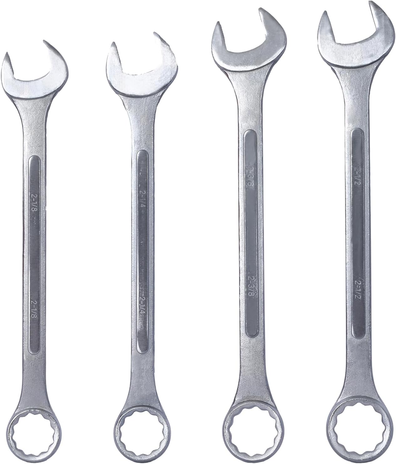 4PC Jumbo Combination Wrench Set, SAE 2-1/8'–2-1/2', Durable Carbon Steel, Chrome Plated Finish for Corrosion Resistance, Includes Storage Bag
