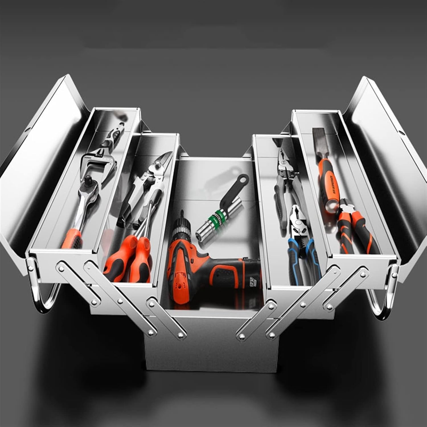 Portable Tool Box Portable 3 Tier Tool Box, Stainless Steel Storage Tool Box Organizer with Metal Lock, Heavy Duty Steel Tool Box Small Parts Box (Size : Medium)