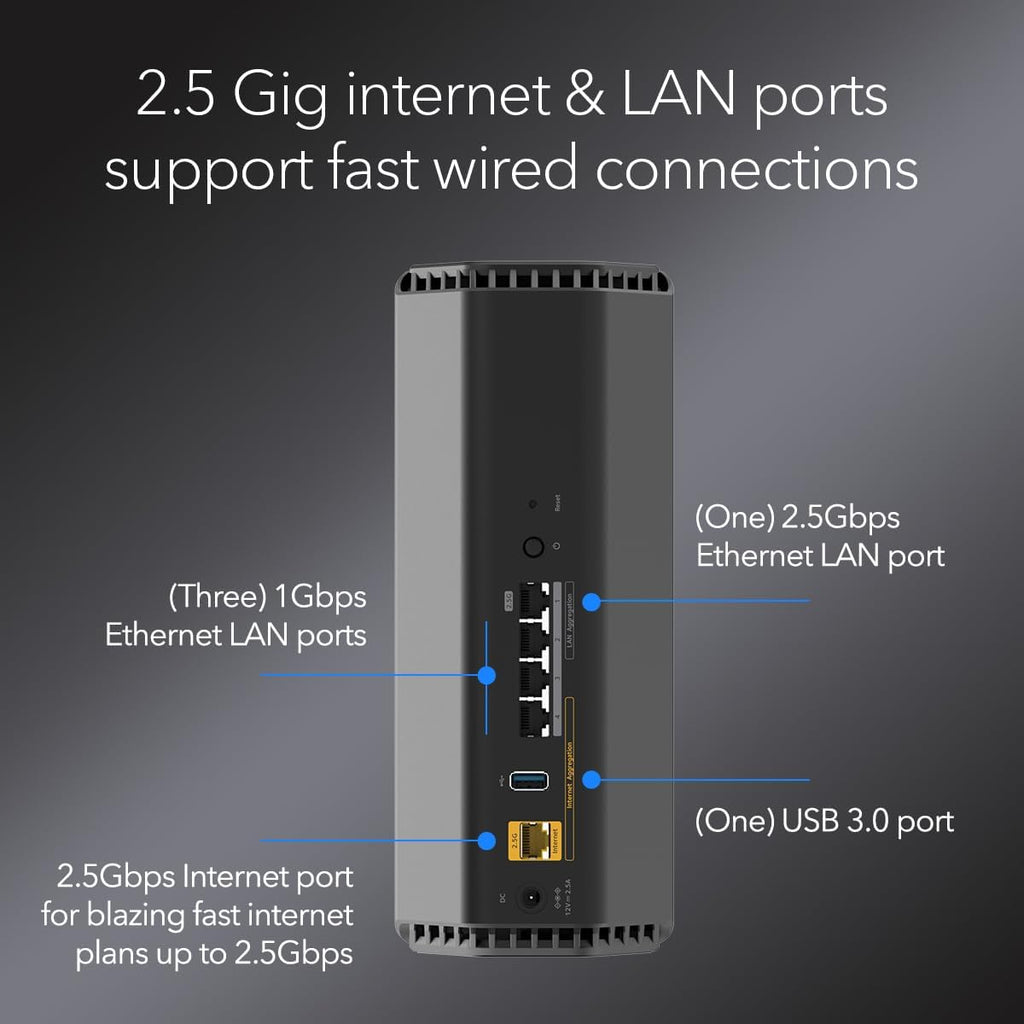 NETGEAR Nighthawk Dual-Band WiFi 7 Router (RS200) Router Only– BE6500 Wireless Speed (up to 6.5 Gbps) - Covers up to 2,500 sq. ft., 80 Devices – 2.5 Gig Internet Port - Free Expert Help