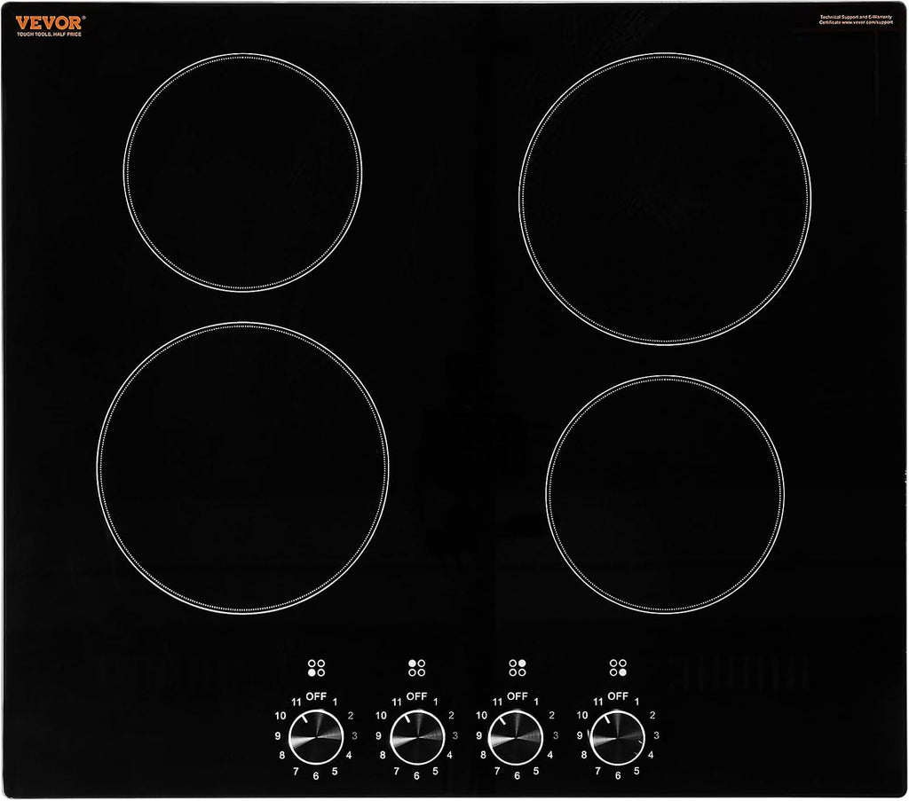 VEVOR Electric Ceramic Cooktop, Built-in Electric Stove Top, with Glass Panel, Knob Control, 11 Heat Levels, for Diverse Cooking Requirements (24inch-4burners/220V)