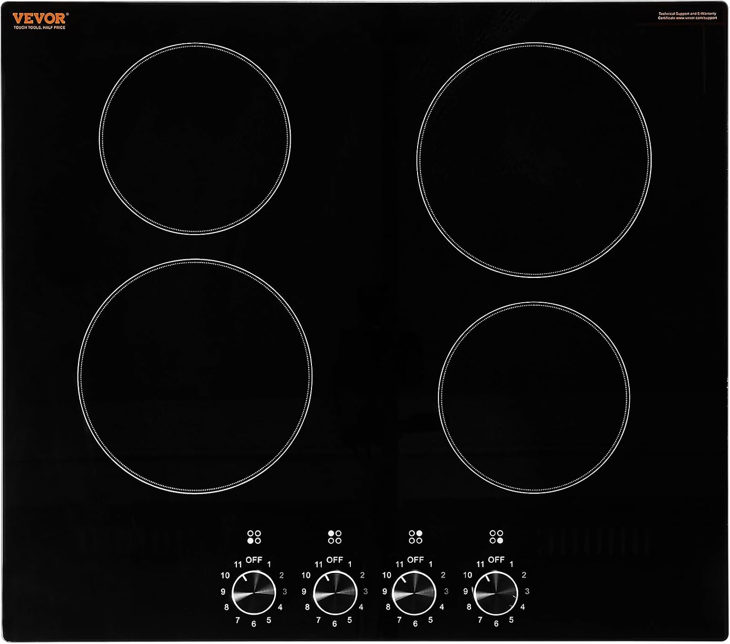 VEVOR Electric Ceramic Cooktop, Built-in Electric Stove Top, with Glass Panel, Knob Control, 11 Heat Levels, for Diverse Cooking Requirements (24inch-4burners/220V)