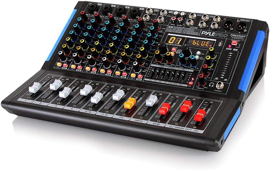 Pyle 8-Channel Console Style Audio Mixer with Bluetooth - DJ Sound Controller, 4 XLR / Combo Inputs, Sub Out, +48V Phantom, USB-A In, 16 DSP Effects, MP3 Player, 7-Band EQ - PMXU88BT