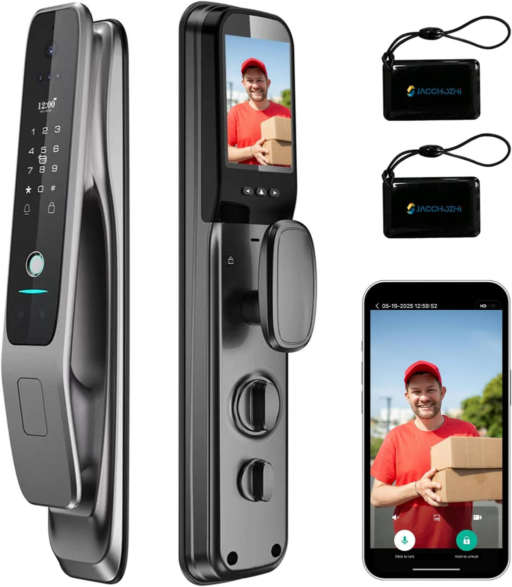 3D Face Recognition Smart Lock with Camera, Palm Vein Door Lock, Keyless Entry Fingerprint Smart Mortise Lock for Front Door, Built-in WiFi, 4' HD Screen,Glass Keypad, Auto-Lock, Waterproof