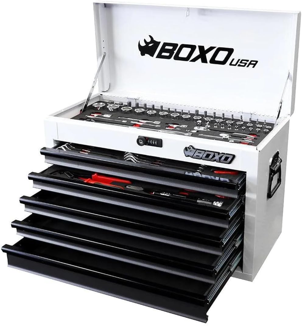 BOXO USA Heavy Duty 26' Toolbox 103 Piece MotoBox Locking Tool Set with 5 Drawers Carry Box (White)