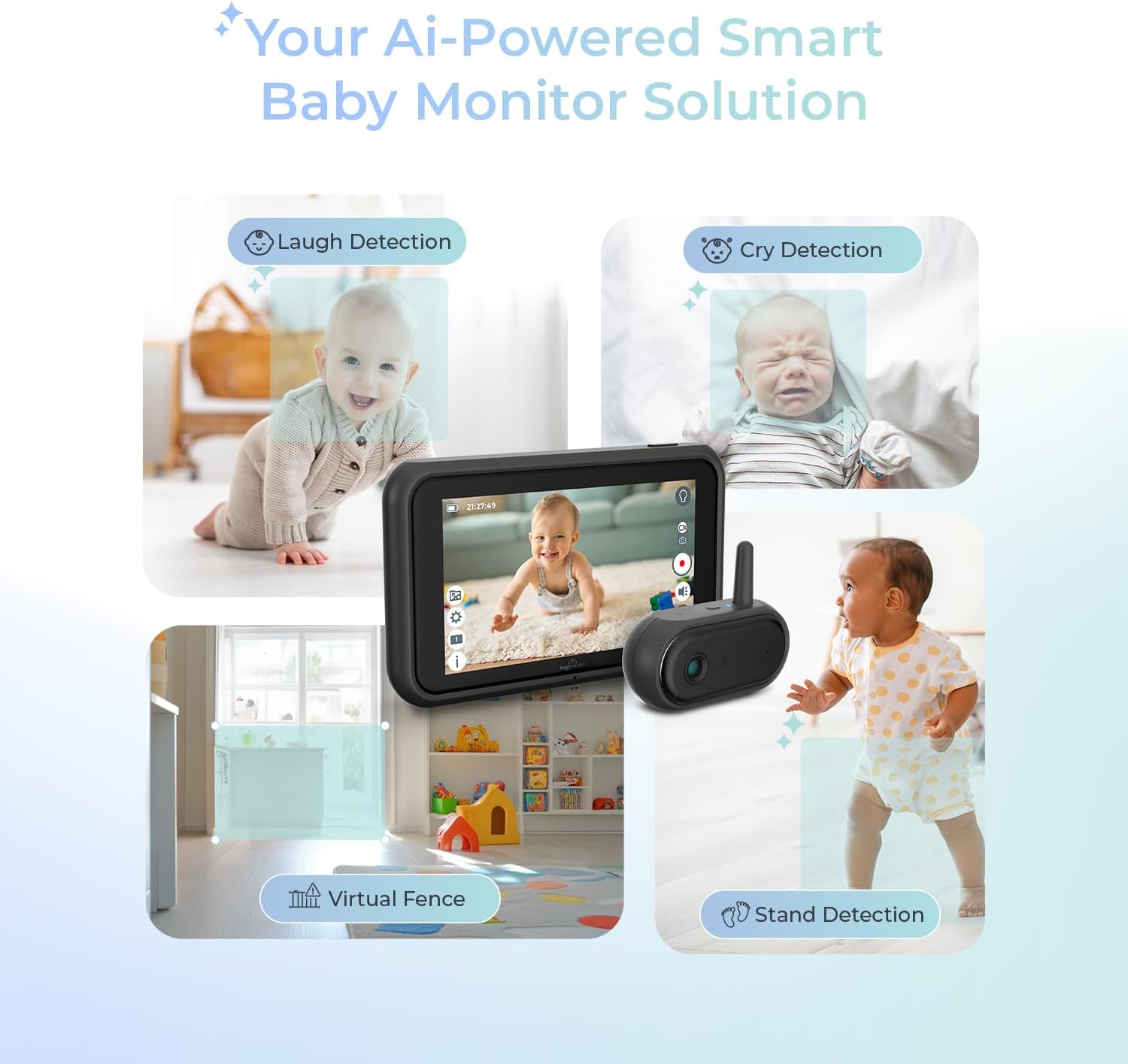 Tiny Traveler Ai Smart Wireless Baby Car Monitor (TT006B) - AI-Powered Safety Alerts: Cry/Laugh/Stand Detection, Virtual Fense, Long Range 1000ft Night Vision Lullabies Night Light - Black