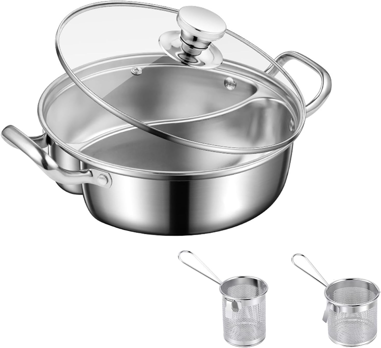 304 Food Grade Stainless Steel Dual-Sided Shabu Hot Pot - 28/30/32/34/36cm Double Flavor Pot Multicooker Soup Pot with Lid and Filter Basket for Induction Cooktop Gas Stove (32CM)