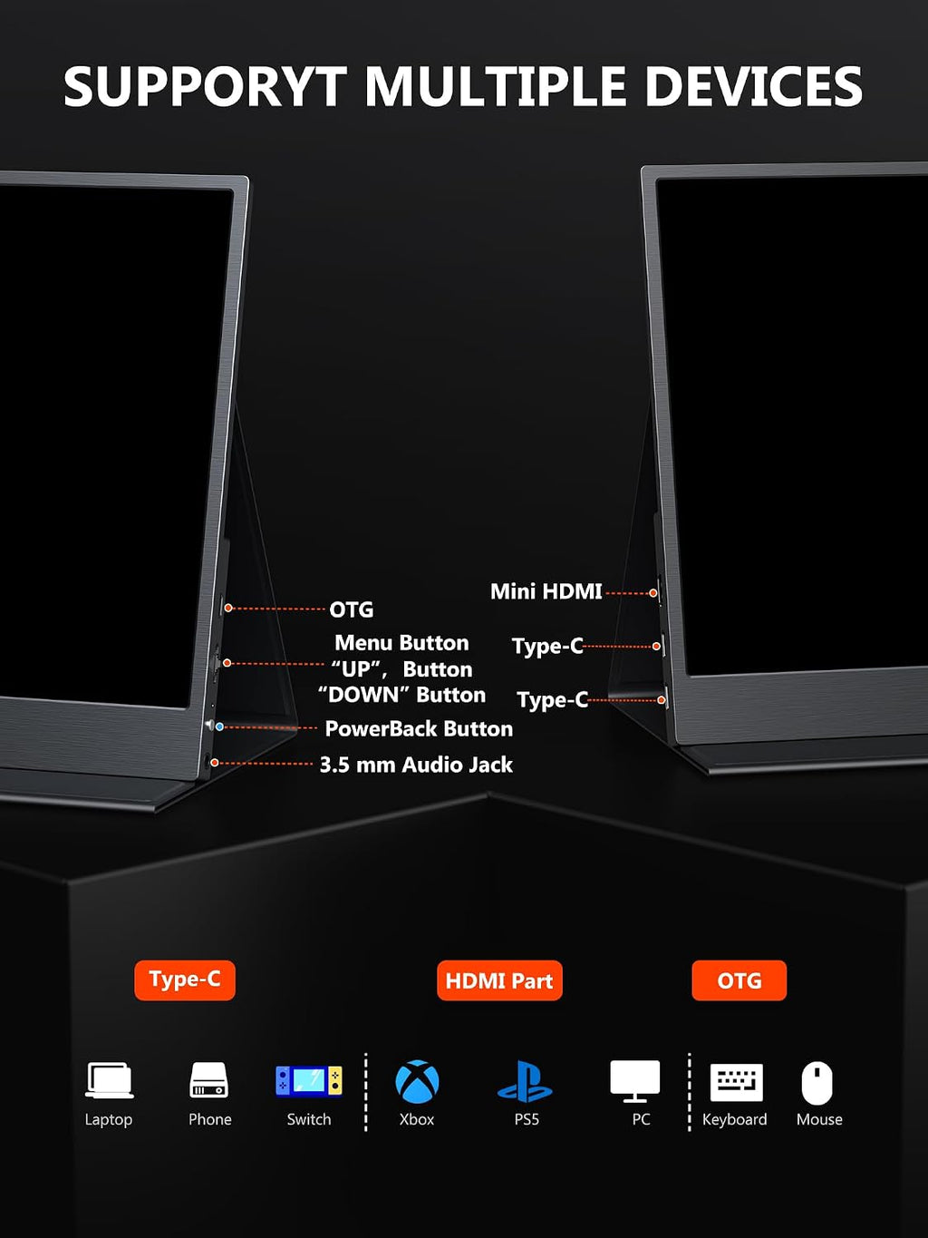4K Portable Monitor, 13.3' UHD IPS Portable Laptop Screen, Second Screen Dual USB C HDMI Computer Gaming Display with Speakers, Travel Monitor for PC Phone PS4/5 Xbox Switch