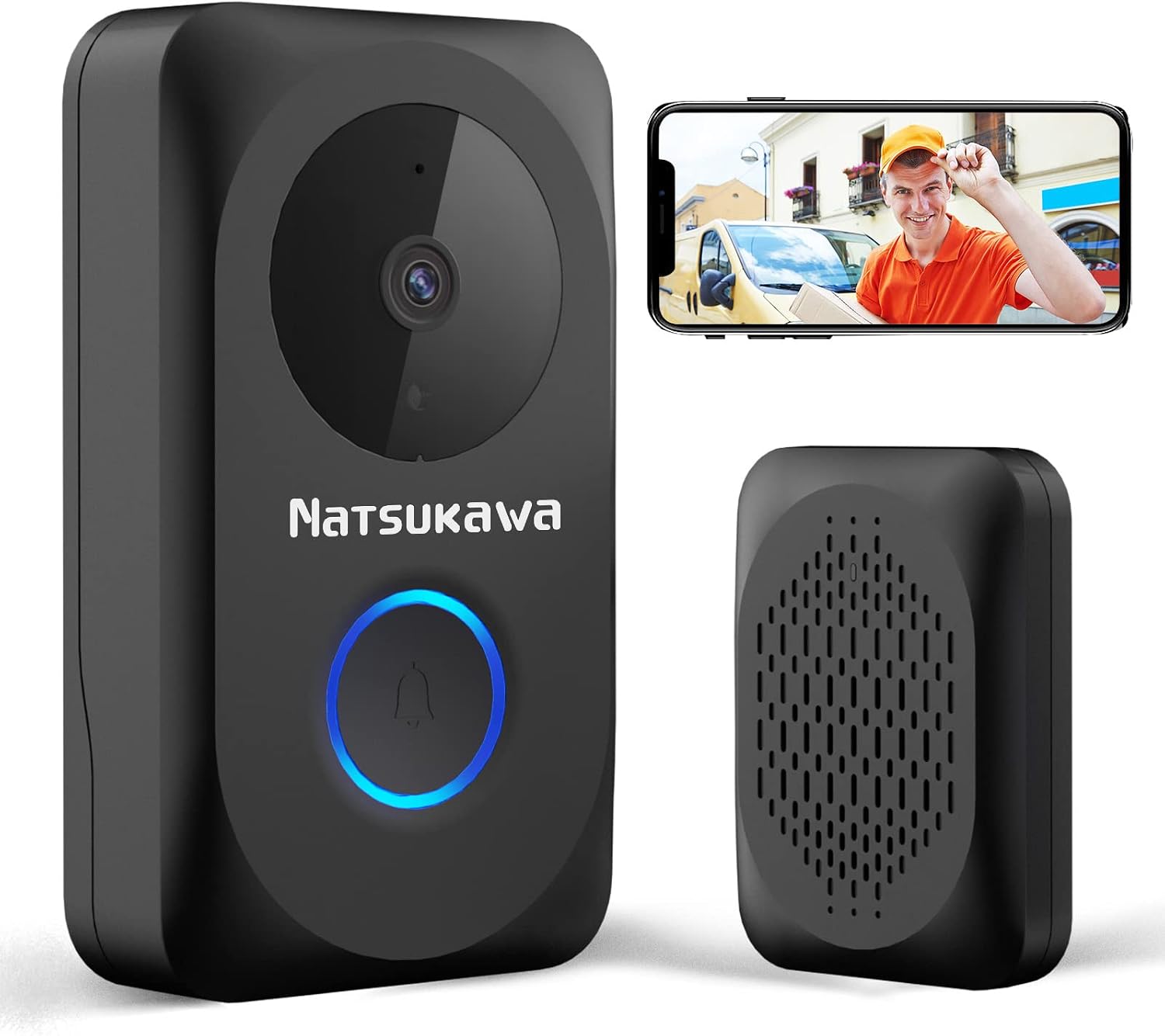NATSUKAWA Doorbell Camera Wireless - Smart WiFi Video Doorbell with Chime- App Alerts, IP65, Night Vision, 2 Way Audio, Powered Smart Security Camera Video Wireless Doorbell for Home, Easy Install