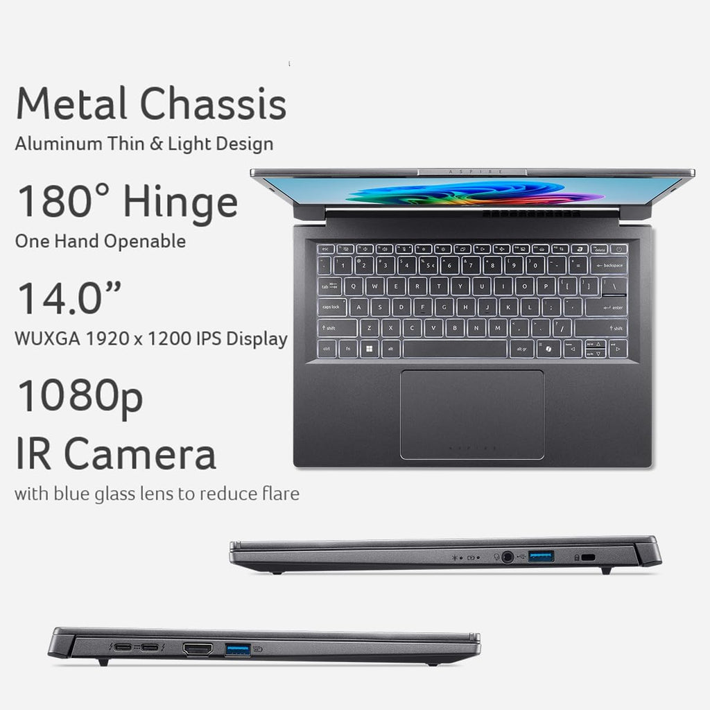 acer Aspire 14 AI Copilot+ PC | 14' WUXGA Display | Intel Core Ultra 5 Processor 226V | NPU: Up to 40 Tops - GPU: Up to 53 Tops | Intel ARC 130V | 16GB LPDDR5X | 512GB SSD | Wi-Fi 6E | A14-52M-51S1
