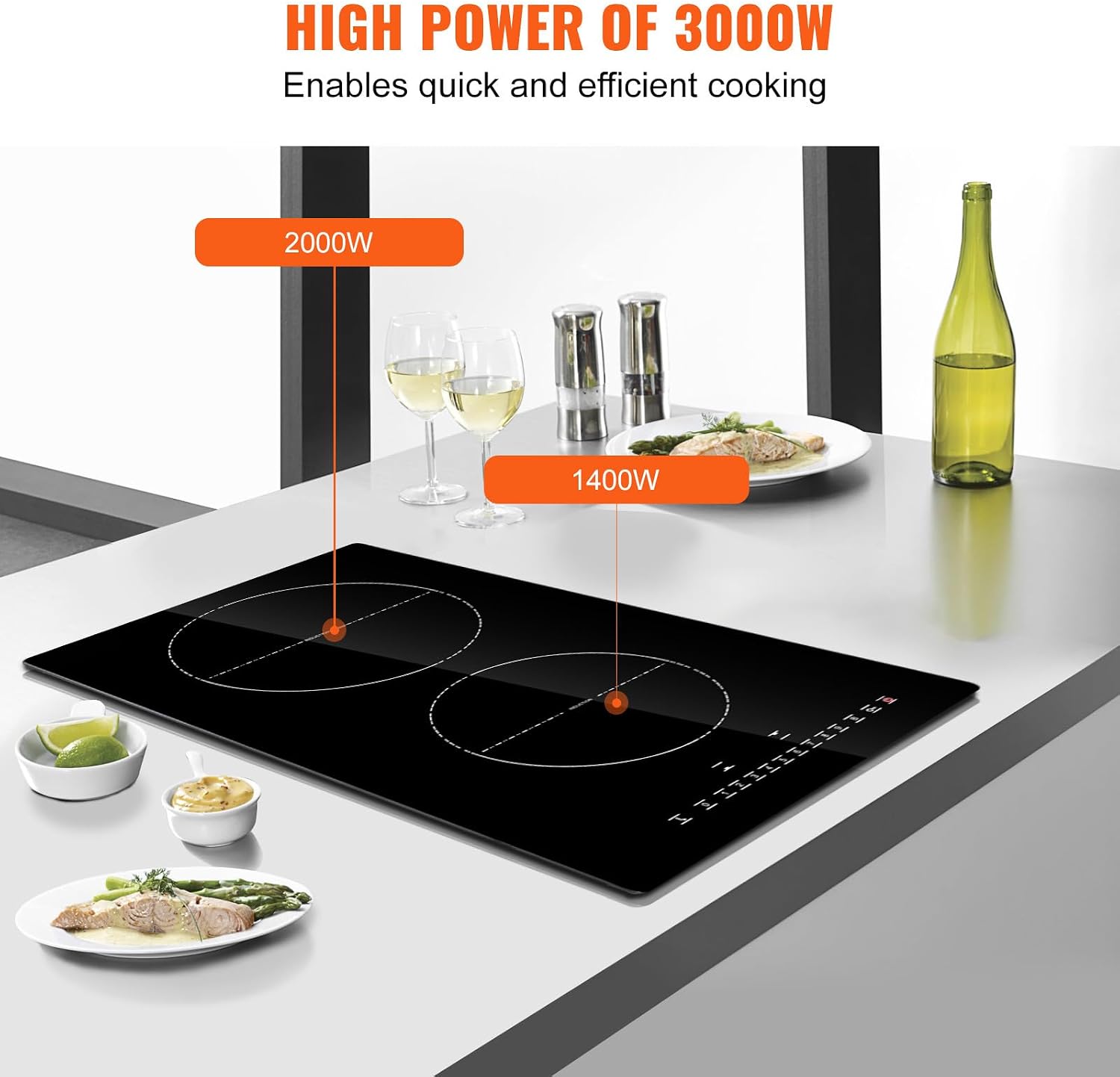 Happybuy 12' Electric Cooktop, 2 Burners, 3000W Induction Stove Top, Built-in Magnetic Cooktop, 9 Heat Levels, LED Touch Screen with Child Lock & Over-Temperature Protection