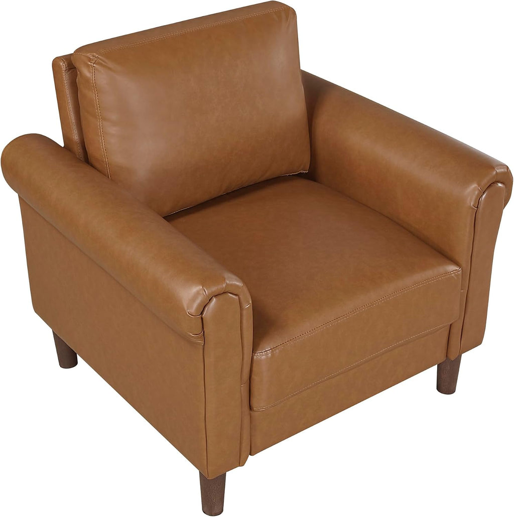 Lexicon 35' W Living Room Accent Chair, Faux Leather Upholstered Armchair with Rolled Armrest for Bedroom/Office/Waiting Room, Single Sofa Chair, Brown