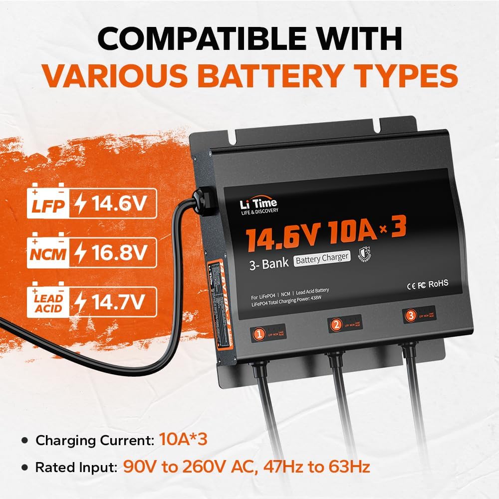 LiTime 3-Bank 10A (10A/Bank) Smart Battery Charger, 14.6V LiFePO4 Battery Charger AC-DC Charger with Fuse, LED Indicator for RV, Boat, Motorcycle, Lawn Mower, Trolling Motor and Lead Acid Battery