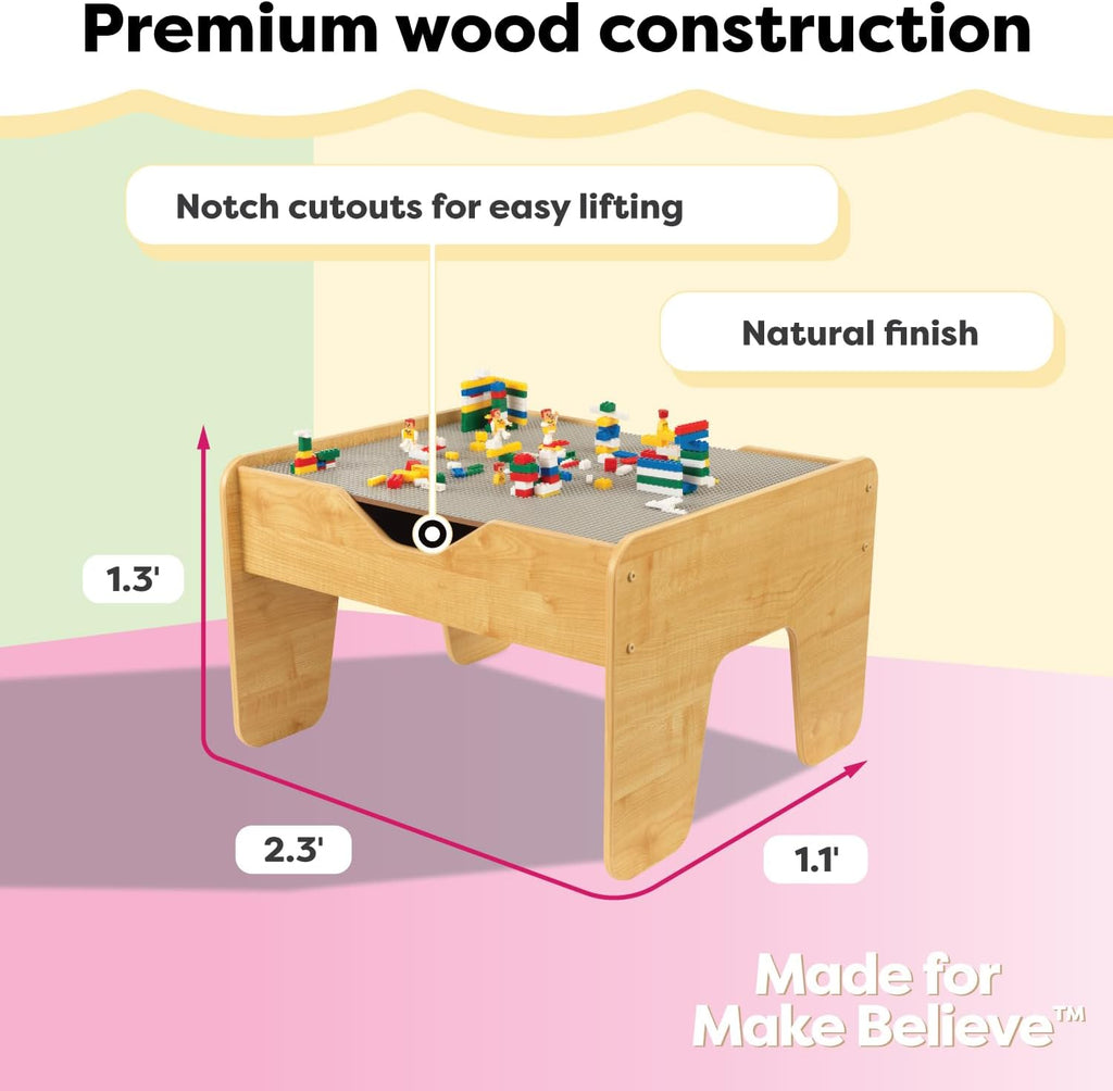 KidKraft Reversible Wooden Activity Table with Board with 195 Building Bricks – Gray & Natural, Gift for Ages 3+