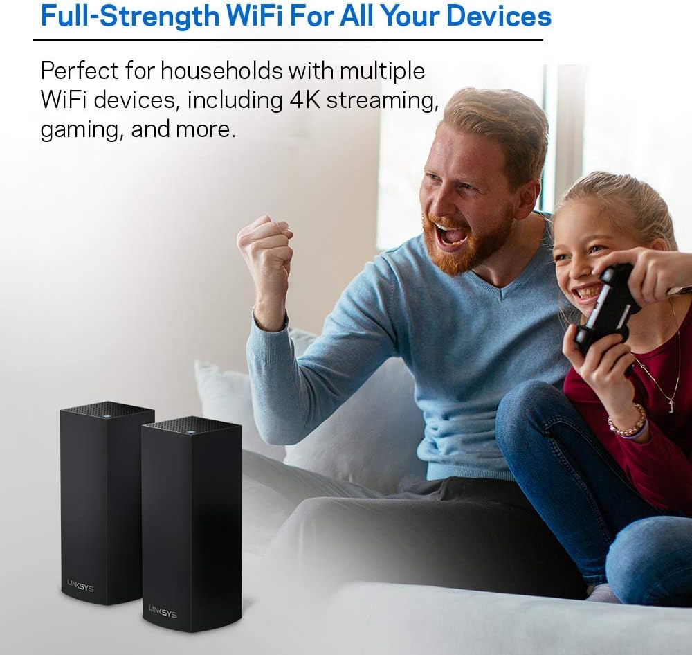 Linksys Velop Mesh Home WiFi System, 4,000 Sq. ft Coverage, 40+ Devices, Speeds up to (AC2200) 2.2Gbps, Black - WHW0302B