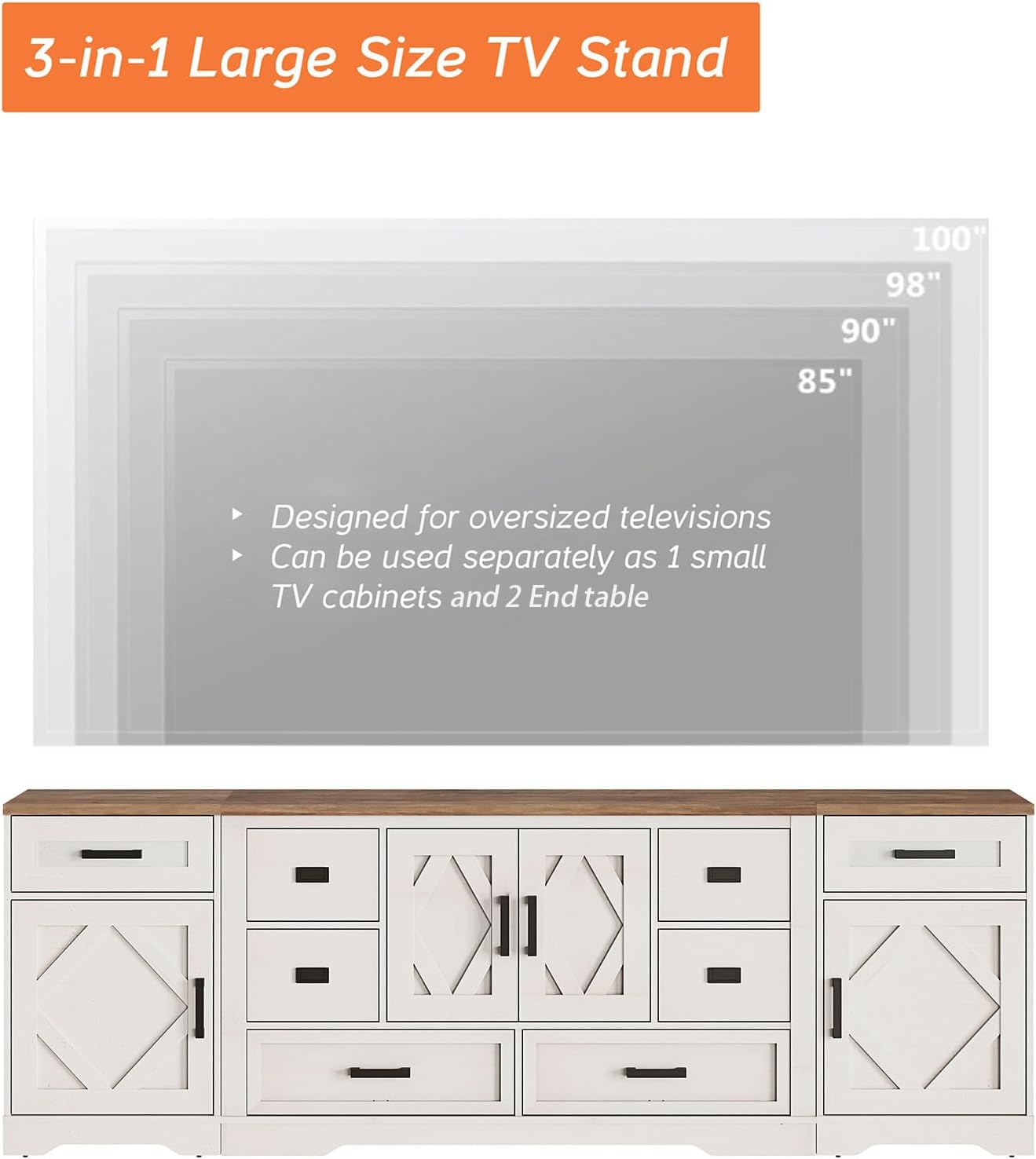 WAMPAT Modern Farmhouse TV Stand for TVs up to 100',3 in 1 Wood Entertainment Center,32' H Tall TV Console Cabinet with Barn Door for Living Room,Bedroom,Antique White