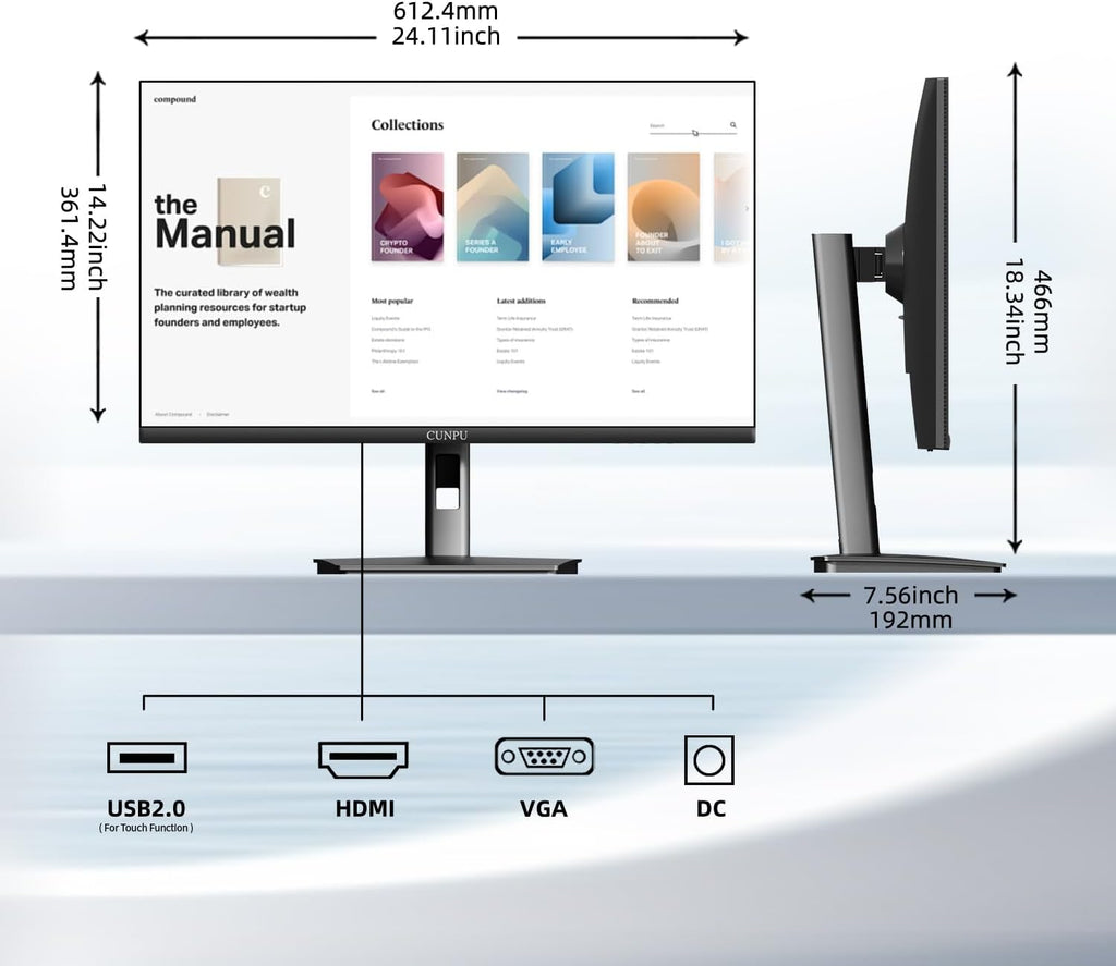 CUNPU 27 Inch Touchscreen Monitor, 10 Point Touch, FHD 1080P 60Hz Nano IPS Screen, 100% SRGB, VESA Wall Mountable, Tilt Adjustment, VGA HDMI for PC, Laptop Business & Work Station
