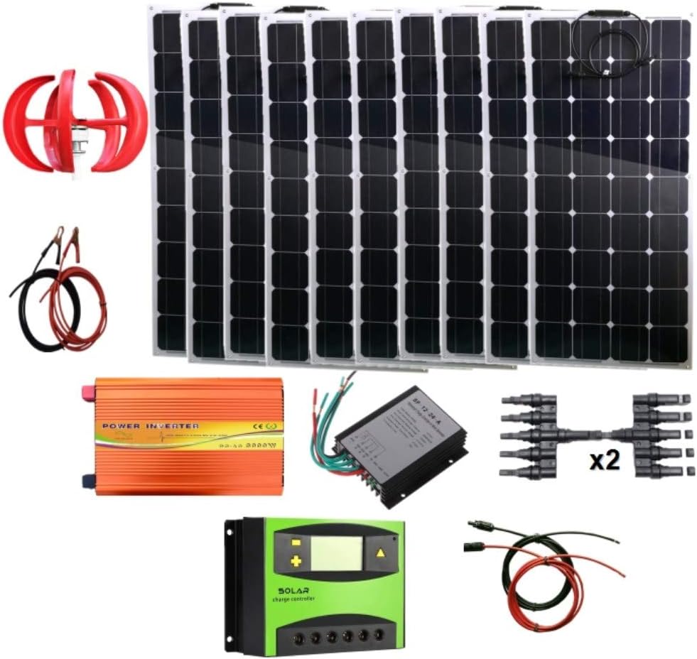 1.4Kw Wind Solar Power: 400W Wind Turbine Generator & 10pcs 100W Bendable Solar Panels & 3000W Pure Sine Wave Inverter & Cable Connector& Accessories Home Boat RV Off Grid