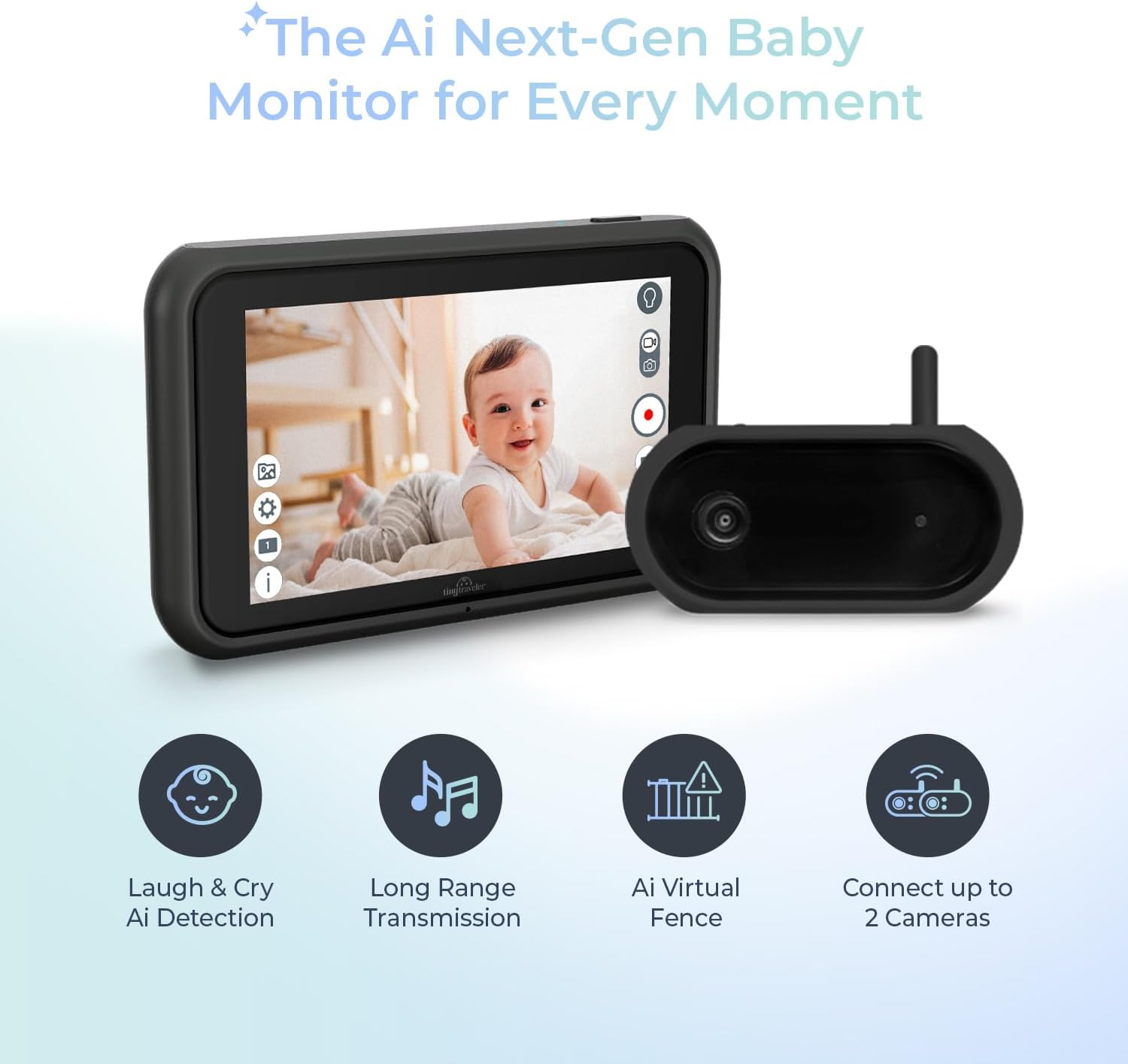 Tiny Traveler Ai Smart Wireless Baby Car Monitor (TT006B) - AI-Powered Safety Alerts: Cry/Laugh/Stand Detection, Virtual Fense, Long Range 1000ft Night Vision Lullabies Night Light - Black