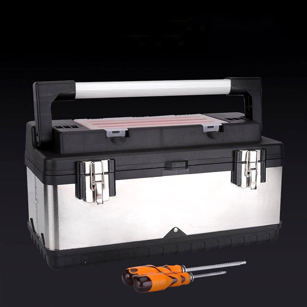 Portable Tool Box Tool Box, Stainless Steel and Plastic Construction - Removable Tray, Tool Box Organizer with Aluminum Handle Double Lock Small Parts Box (Size : 37.5 * 26.5 * 25cm)