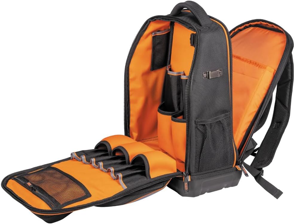 Klein Tools 62805BPTECH 28-Pocket Laptop Backpack Tool Bag, Tradesman Pro Extra-Large Tech Tool Backpack with Molded Bottom, Charging Port
