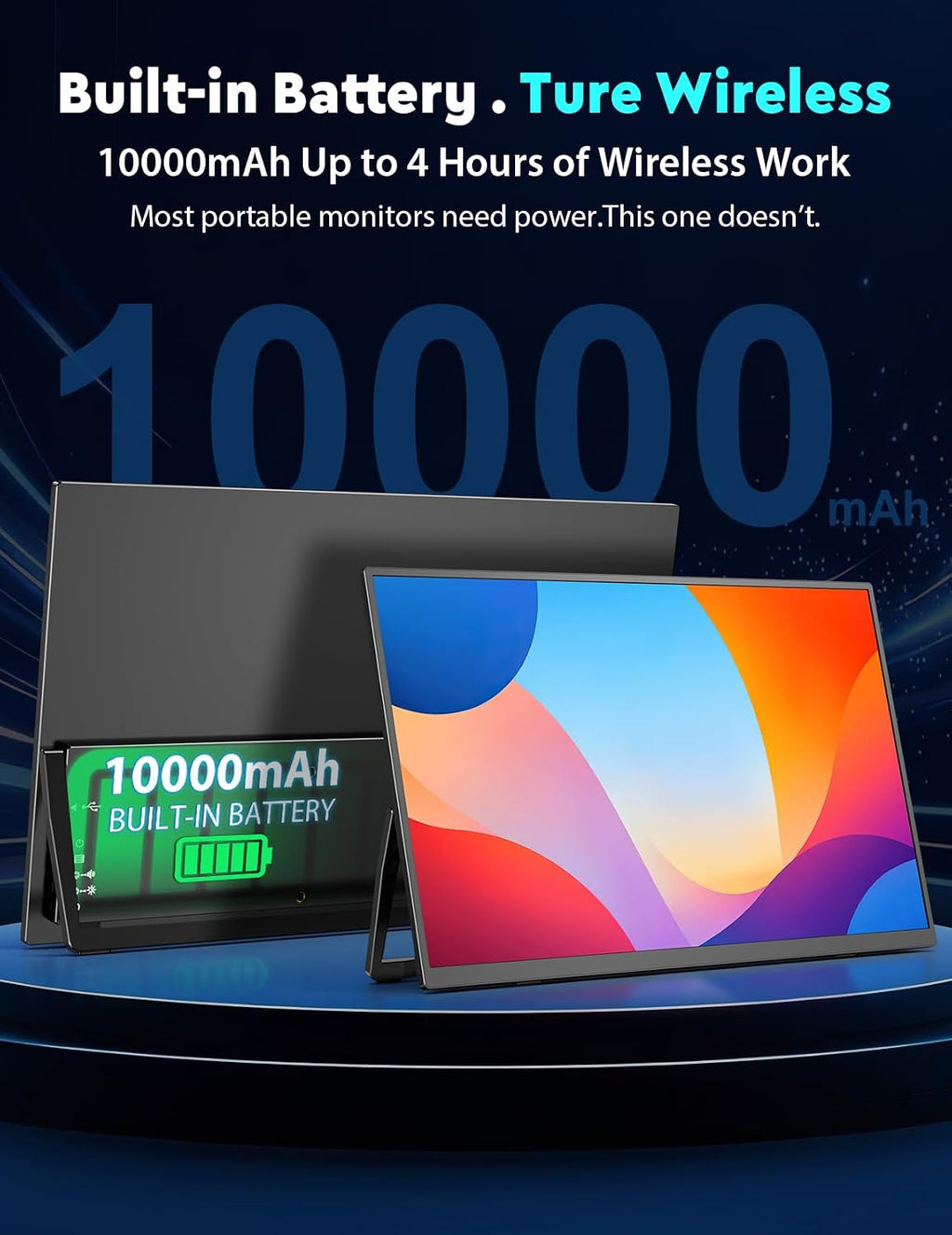 18.5' True Wireless Portable Monitor, 1080P FHD, 10000mAh Battery, Wireless Screen Mirroring (AirPlay/Miracast), Auto Rotation for Phone/Tablet, USB‑C & Mini HDMI, VESA, Protective Sleeve Included