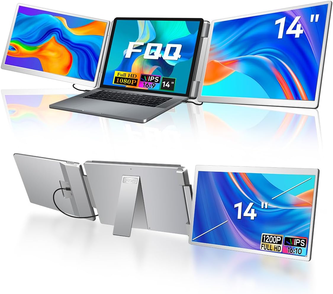 14' Laptop Screen Extender, FHD IPS Dual Screen Portable Monitor for Laptop, USB-C/HDMI Plug & Play Triple Screen Monitor Extender for 12'-16.5' Laptops, Compatible with Win and MacOS-S7,Gray