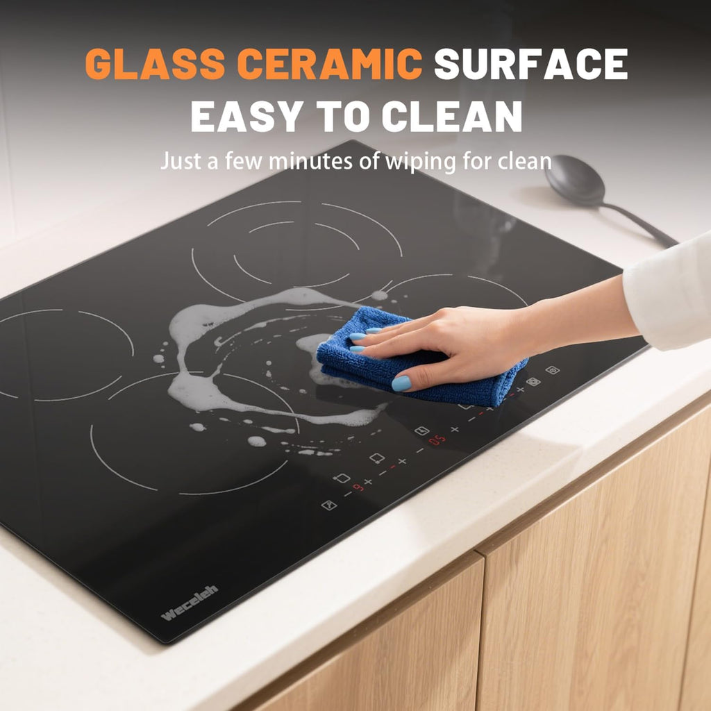 Electric Cooktop, 30 Inch Built-in Ceramic Cooktops 6400W, Electric Stove Top with 4 Burners 220-240V(No Plug), 9 Heating Levels, Child Lock, Sensor Touch Control, Residual Heat Warning