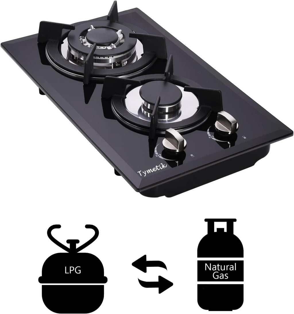 12 Inch Gas Cooktop - 2 Burner Built-in Stovetop with Tempered Glass, LPG/NG Convertible Dual Fuel, Ideal for RVs, Apartments, Outdoor
