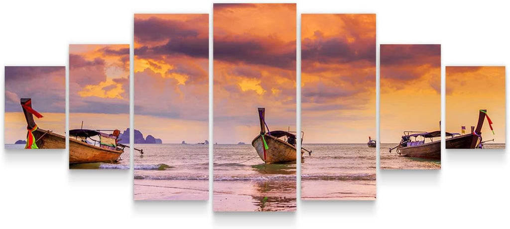 Startonight Large Canvas Wall Art Beach - Boats on the Morning Ocean - Huge Framed Modern Set of 7 Panels 40' x 95'