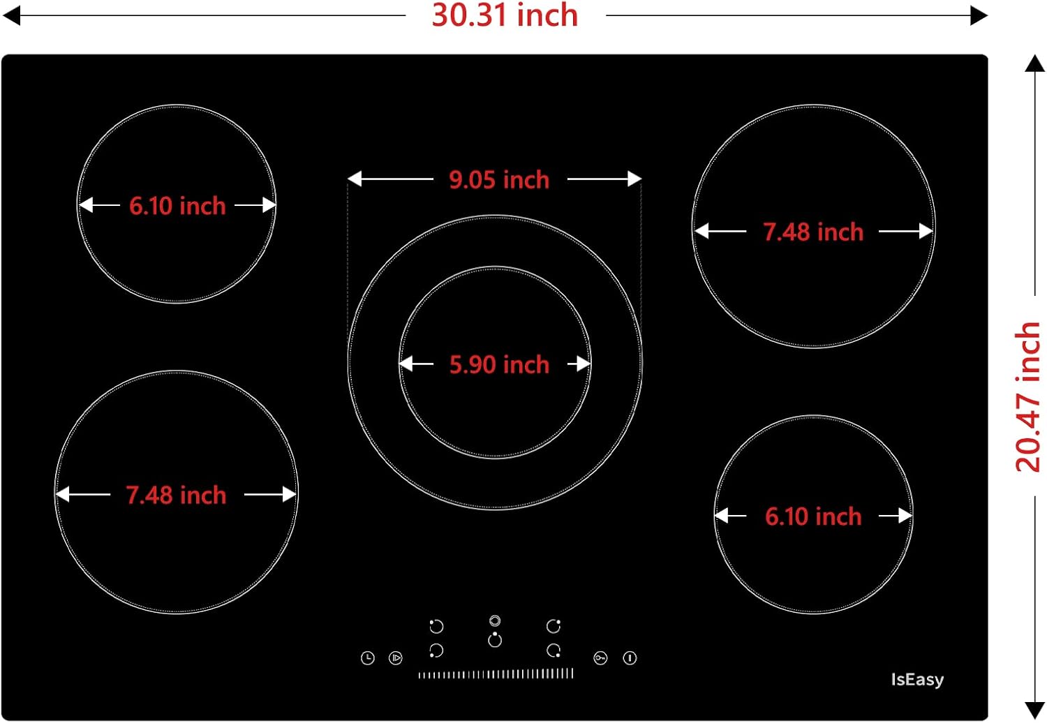 Electric Cooktop 30 Inch, IsEasy Ceramic Cooktop 5 Burners, Electric Stove Top Built-in Countertop 8200W with 9 Heating Level, 220-240V, Hard Wire, No Plug