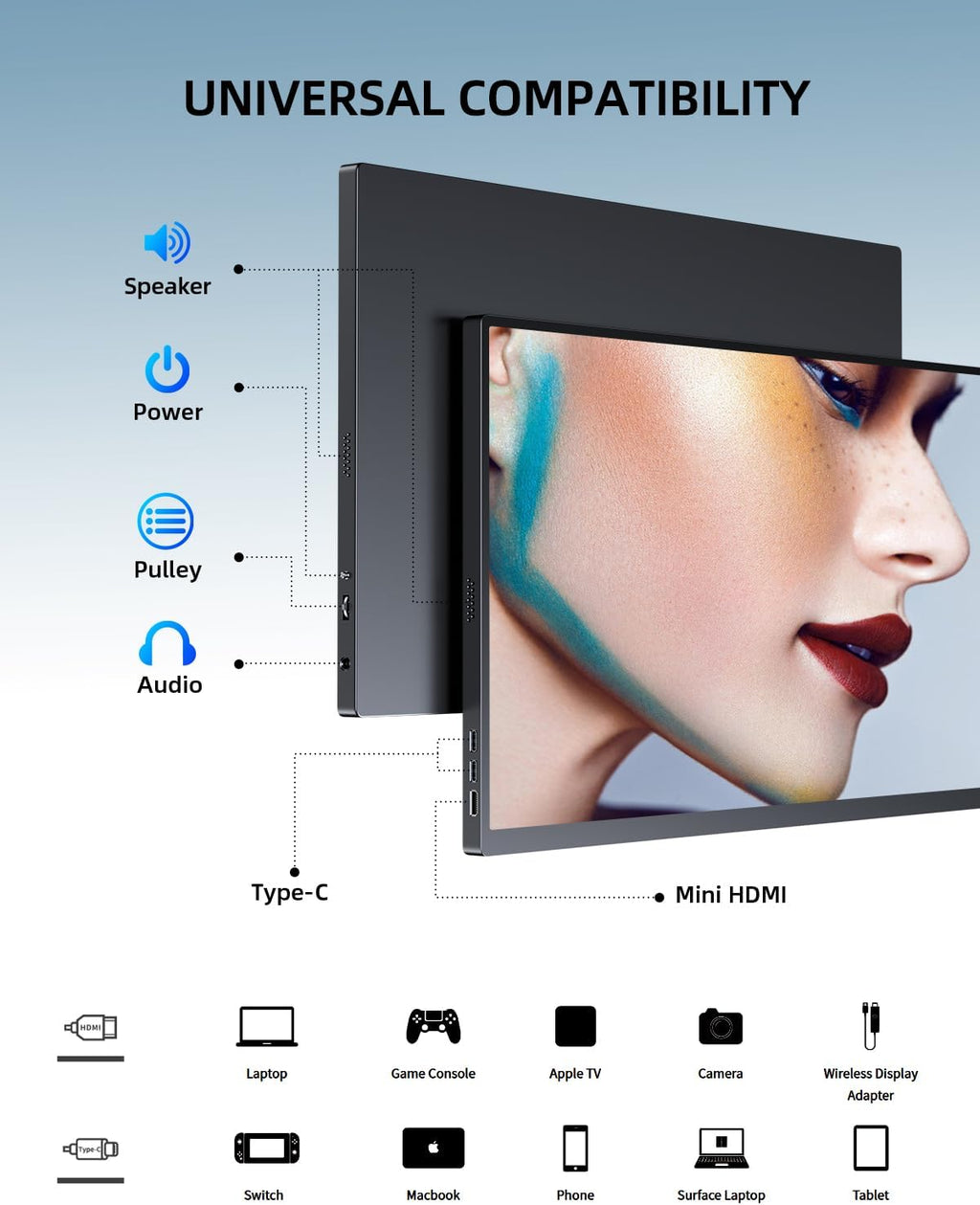 UPERFECT Portable Monitor 18.5' 120HZ 125% sRGB Portable Laptop Monitor w/VESA & Stand, FreeSync HDR Gaming Monitor, 350Nits USB-C & MINI HDMI Travel Second Screen for Laptop, PC, Game Consoles